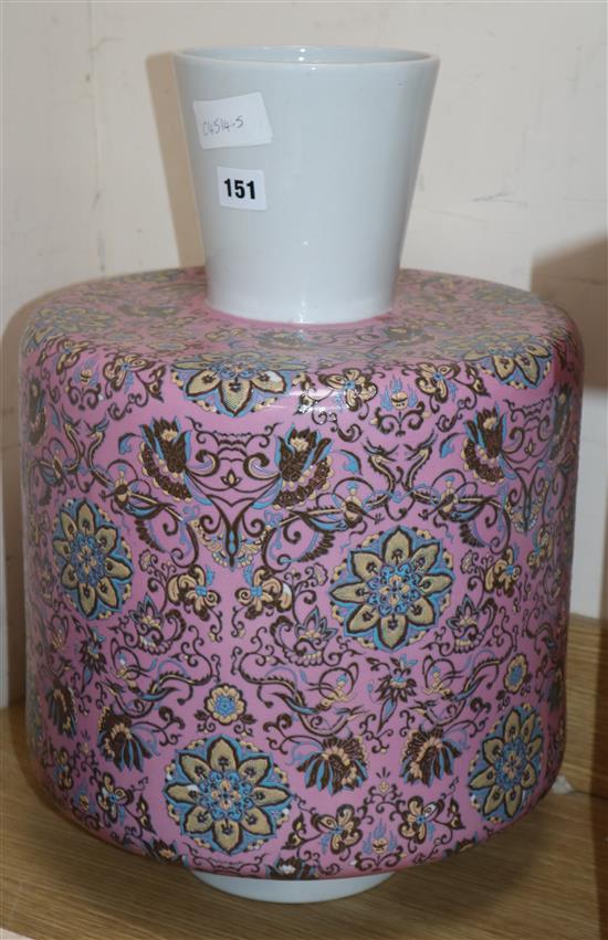 A large cylindrical pink ground vase, signed Eric Robin H.52cm.